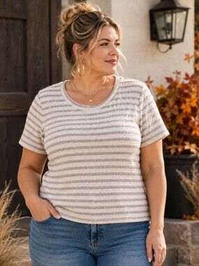 Torrid Plus Size 5x: Cream and Light Gray Striped Short-Sleeve Knit Textured Top